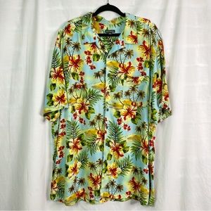 Vintage Light Blue Tropical Hawaiian Print Floral Short Sleeve Shirt 2XL